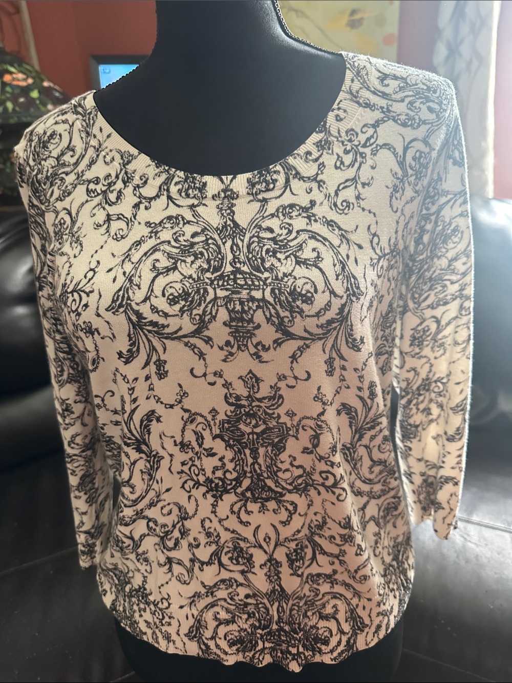 Talbots Cream and Black Ornate Print Long Sleeve Top